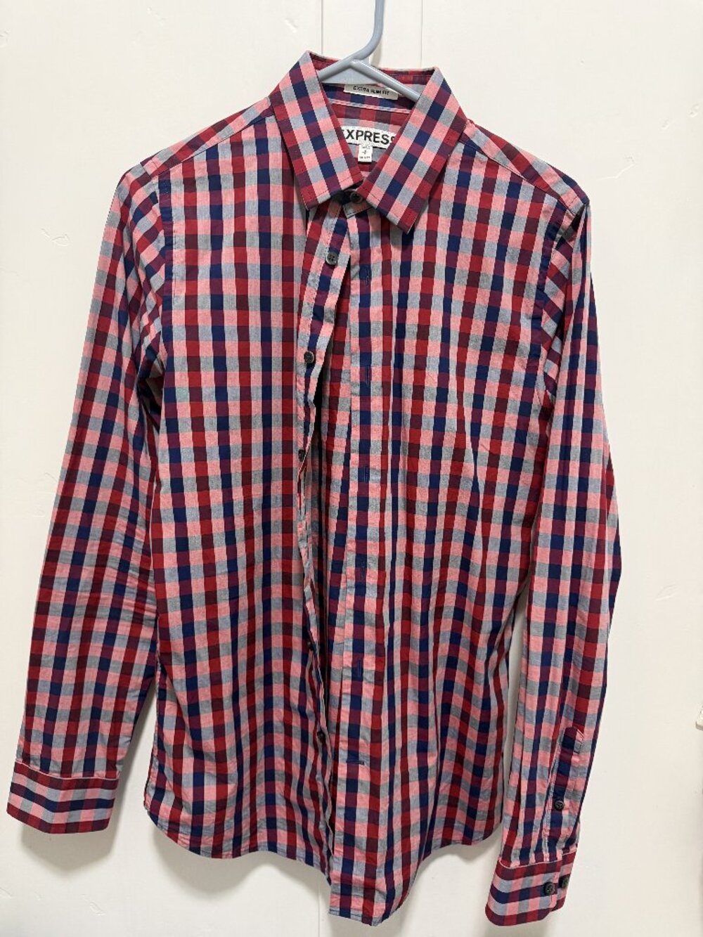 Express Mens S Extra Slim Fit Check Shirt Red Blue Gray Long Sleeve Button Up